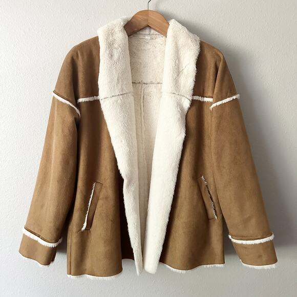 THML Anthropologie Faux Shearling Open Front Jacket Coat Women’s Size Medium - Picture 1 of 12